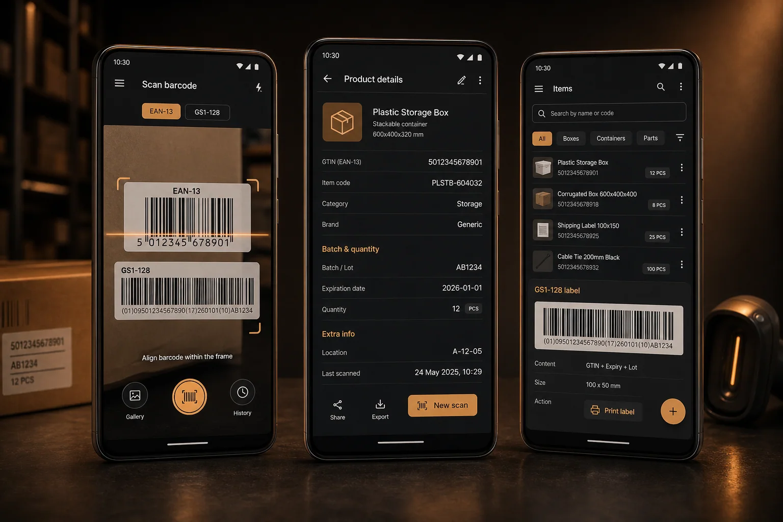 Demonstracyjna koncepcja aplikacji Android BarcodeScannerApp na trzech ekranach telefonu.