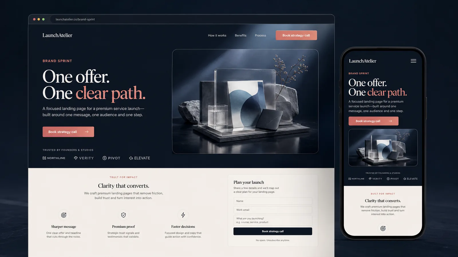 Demonstracyjna koncepcja landing page z hero, ofertą i widokiem mobile.
