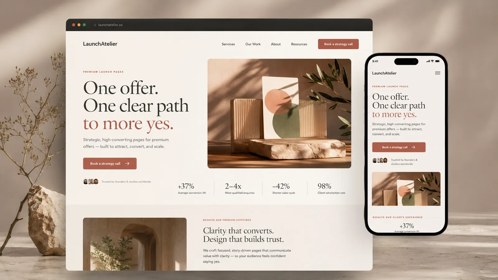 Demonstracyjna koncepcja landing page z ofertą, formularzem i sekcjami zaufania.