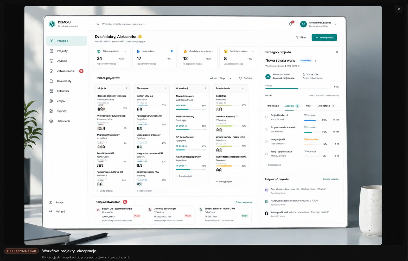 Demonstracyjna koncepcja aplikacji workflow z projektami i akceptacjami.