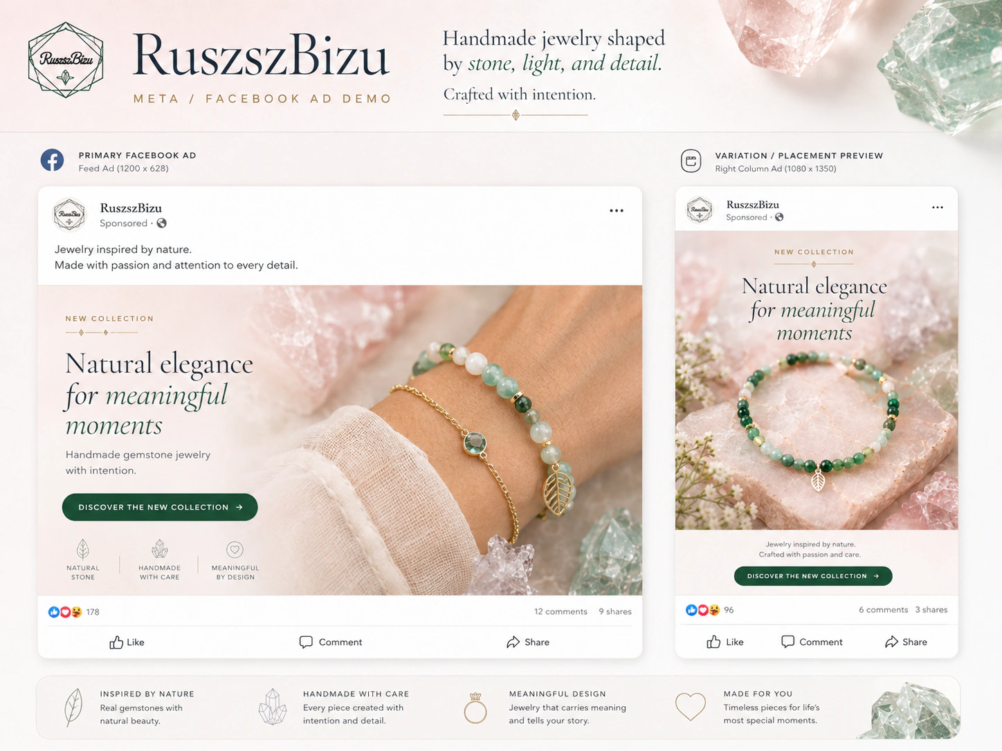 Demonstracyjna plansza reklamy Meta i Facebook RuszszBizu z dwoma formatami placementu.